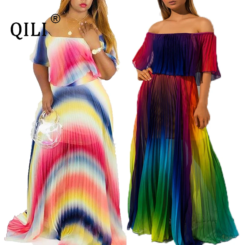 QILI 2019 Summer Pleated Chiffon Dress Loose Long Maxi Beach Dresses Rainbow Print Plus Size Off Shoulder For Womens | Женская одежда