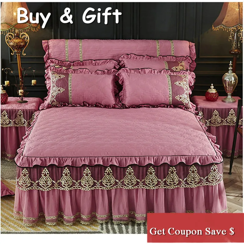 pure color 3pcs sanding cotton lace edge bedskirt free shipping thickened bedspreads European style high quality bedding set | Дом и сад