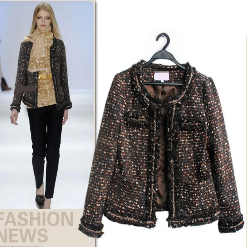 Осенне-зимнее шерстяное высококачественное твидовое пальто с кисточками в стиле