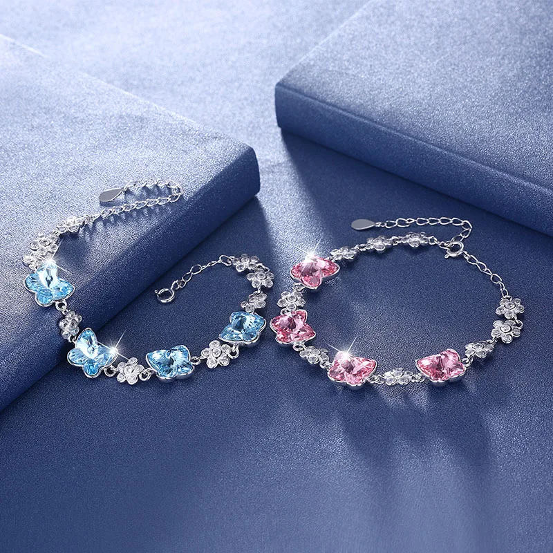 Женский браслет с кристаллами Swarovski из серебра 925 пробы изысканными цветами