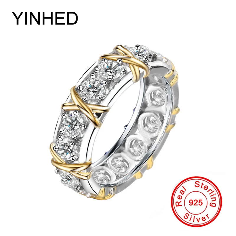 

YINHED Couple Rings for Women and Men Gold Color X Design 925 Sterling Silver Ring Fashion Jewelry Anniversary Gift ZR608