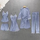 Пижамный комплект Женский атласный из 5 предметов, пикантная одежда для сна, кружевная шелковая ночная рубашка, домашняя одежда