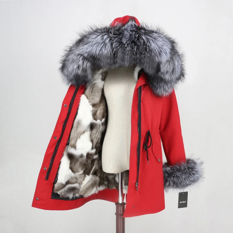 red silver OFTBUY натуральный мех пальто зимняя куртка Женская водонепроницаемая длинная парка натуральный Лисий Мех Верхняя одежда уличная Съемная Толстая теплая - Цвет: red silver