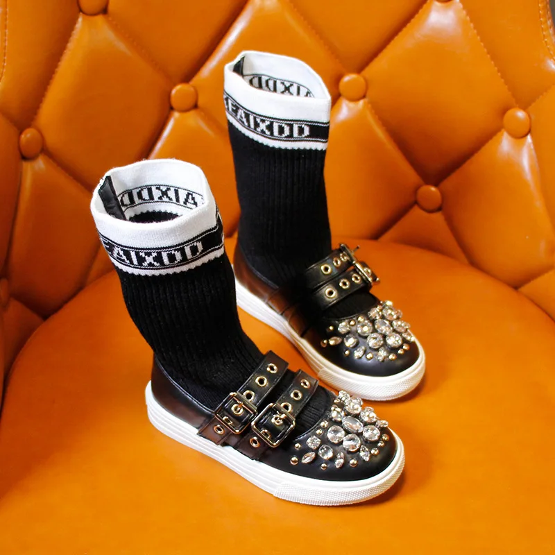 Girls Crystal Fashion Mid-calf Boots 2018 Children's Slip-on Round Toe Shoes Winter for | Детская одежда и обувь