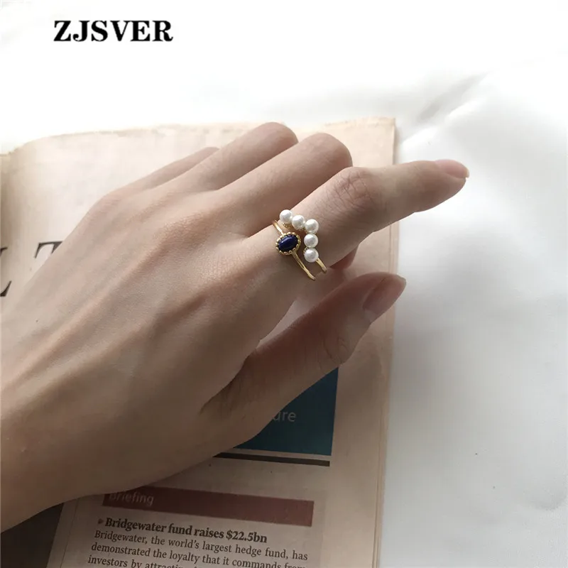 ZJSVER Korean Jewelry 925 Sterling Silver Rings Golden Retro Double Layer Pearl Crystal Women Ring Attend Banquet Or Party | Украшения и