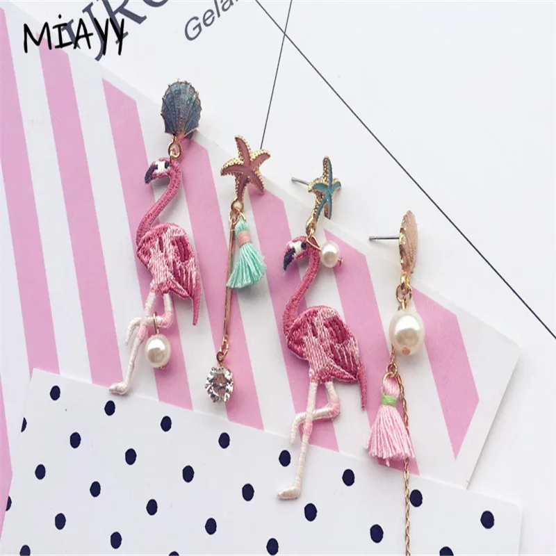 Fashion Tassel Flamingo Earring For Women Shell Pearl Star Handmade Asymmetric Statement Bohemia Jewelry Holiday | Украшения и
