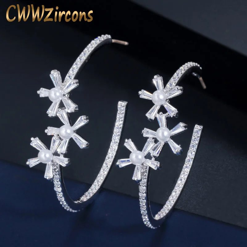 white CWWZircons, элегантные серьги-кольца с кубическим цирконием в виде цветка, большие круглые жемчужные серьги для женщин, модные ювелирные изделия, аксессуары CZ579 - Окраска металла: white