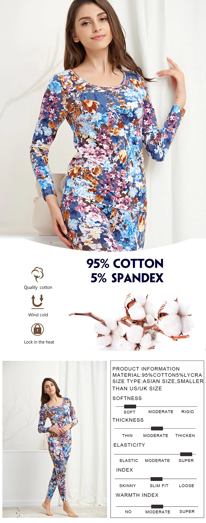 Women's Long Johns O-neck Long Sleeve Cotton Floral Print Winter Keep Warm Cotton Elastic Bottoming Thermal Underwear Tmall