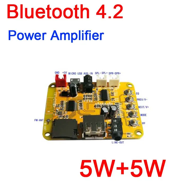 

Bluetooth 4.2 power amplifier 5W+5W MP3 WMA WAV FLAC APE audio decoder board DC 5V USB Player FM radio / AUX /EQ with voice