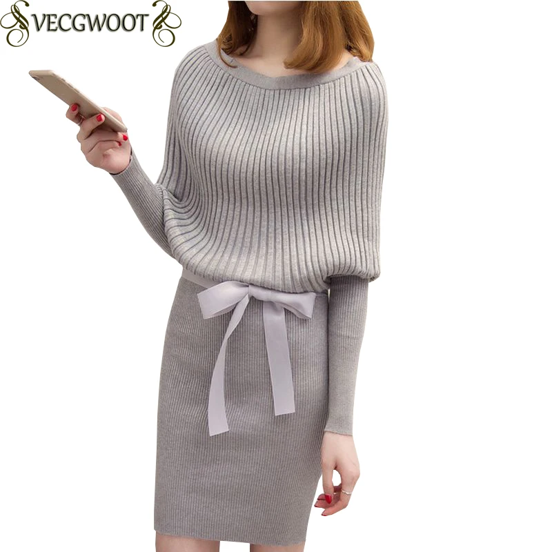 Полосатое платье с бантом женское рукавом летучая мышь теплое трикотажное