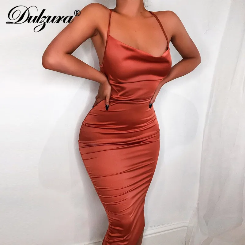 

Dulzura neon satin lace up 2021 summer women bodycon long midi dress sleeveless backless elegant party outfits sexy club clothes
