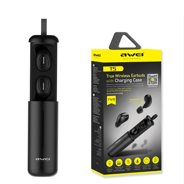 Черный DRXENN Awei T5 TWS Bluetooth наушники с микрофоном беспроводные наушники Bluetooth 5,0 гарнитура с зарядкой чехол для смартфона - Цвет: Черный