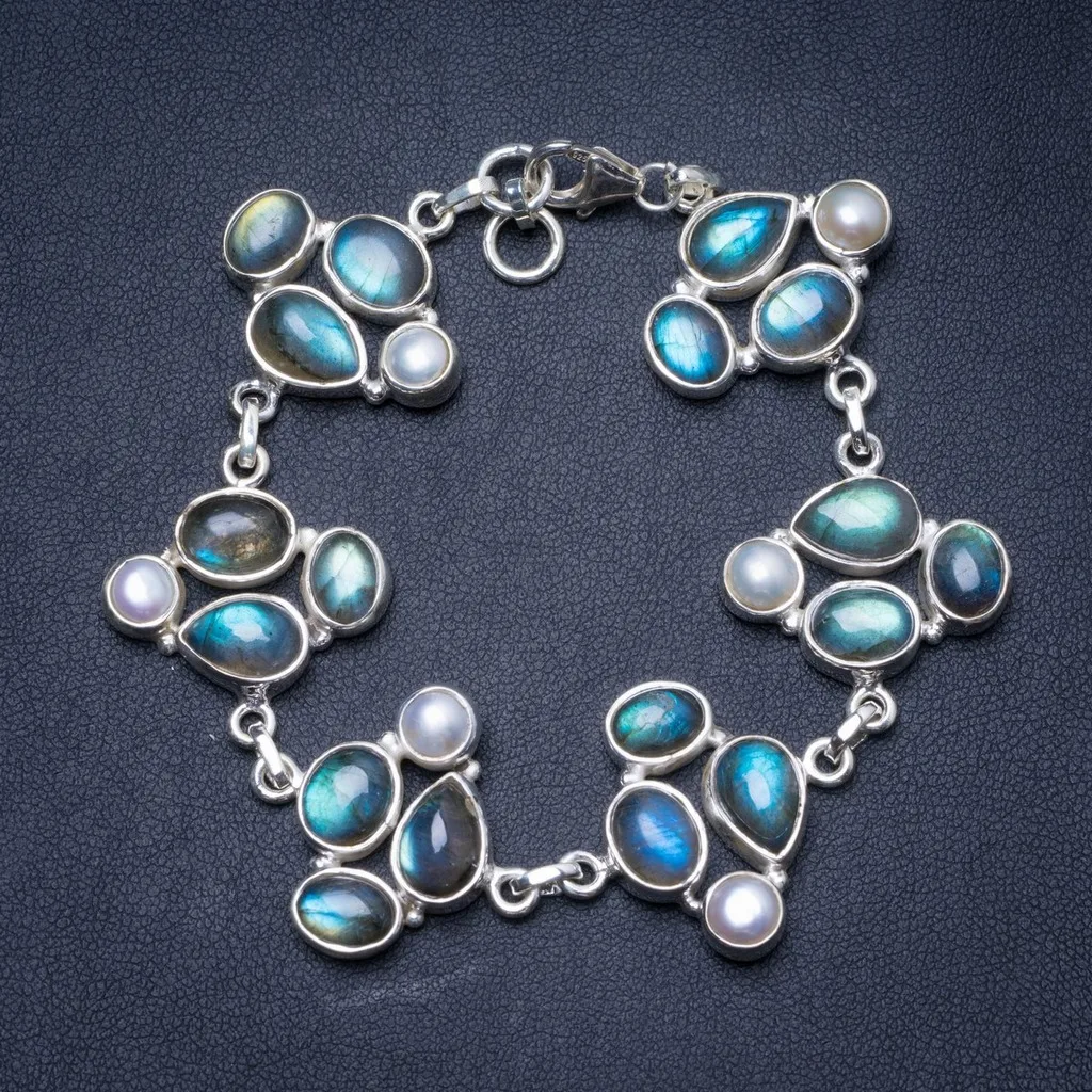 Natural Labradorite and River Pearl Handmade Unique 925 Sterling Silver Bracelet 7 1/2-7 3/4&quot Y1332 | Украшения и аксессуары