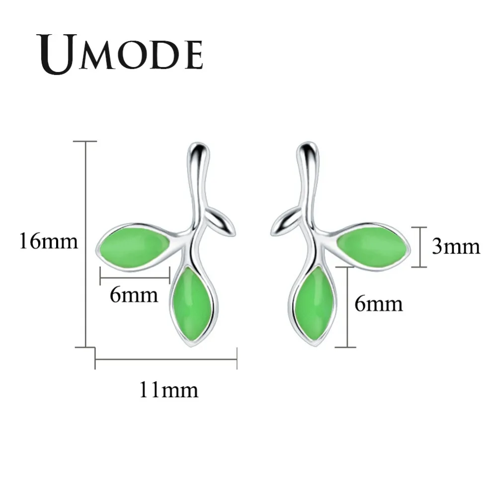 Женские серьги гвоздики с зелеными листьями UMODE открытым кольцом из белого
