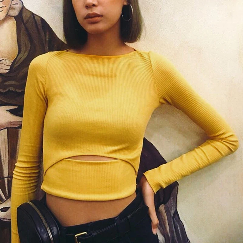 Женский пуловер с длинным рукавом укороченный вырезами повседневный облегающий