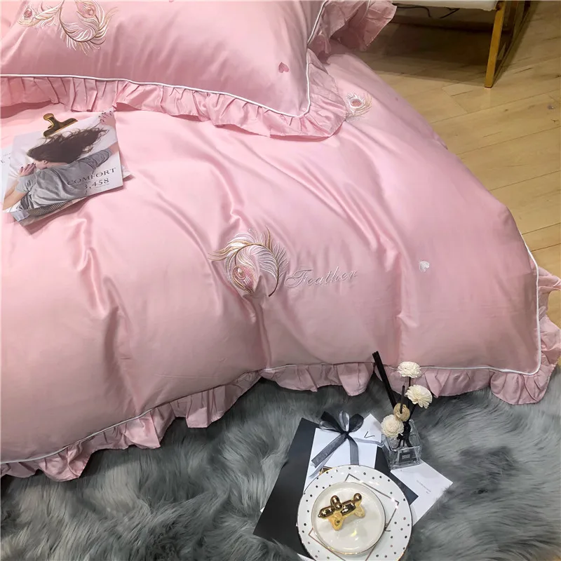 

4/7Pcs pink luxury Egyptian cotton bedding set queen king bed set feather embroidery duvet cover bed sheet set pillowcase