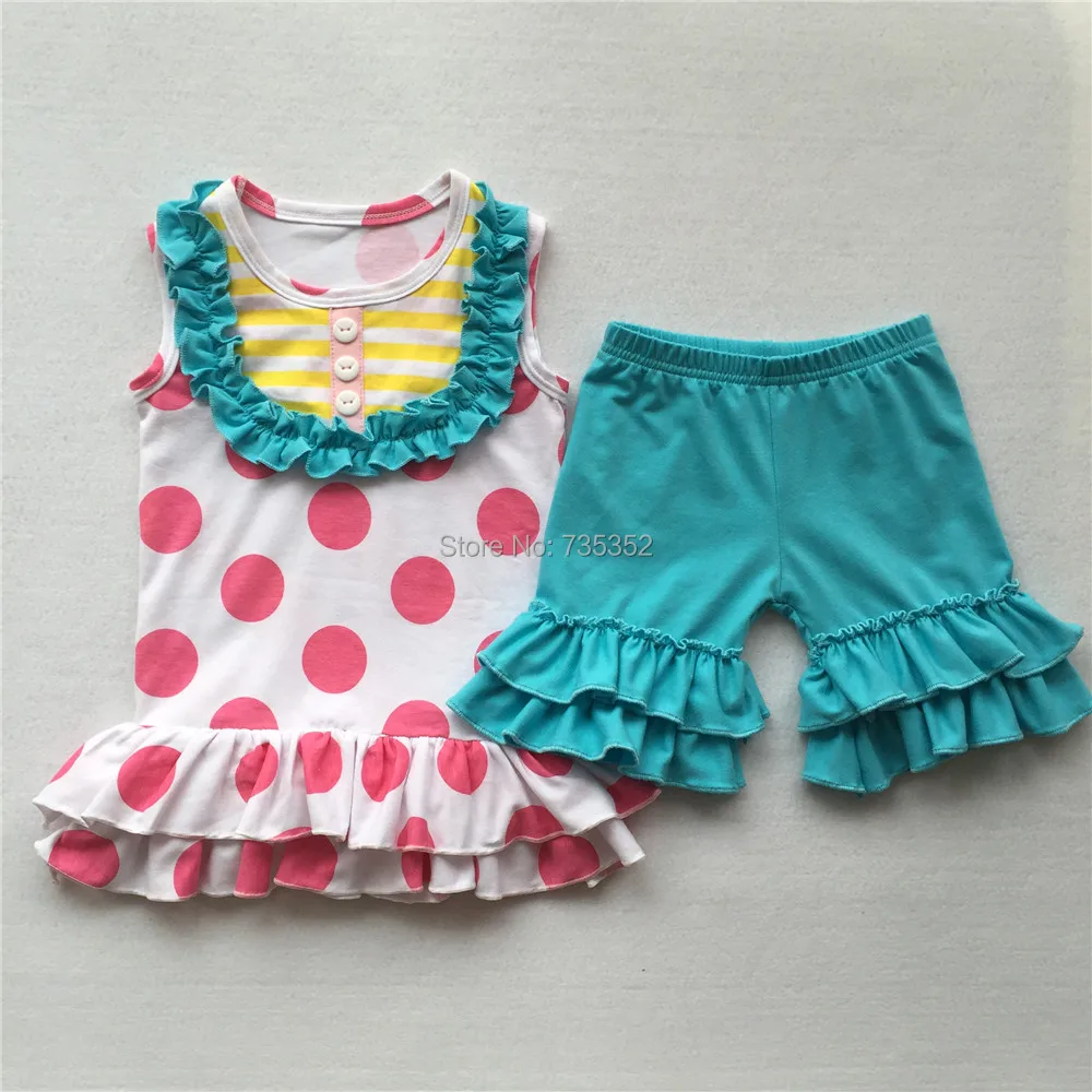 Summer Baby Clothing Sets Little Girls Pink Polka Dot Tunic with Aqua Ruffles Shorts Outfits | Детская одежда и обувь