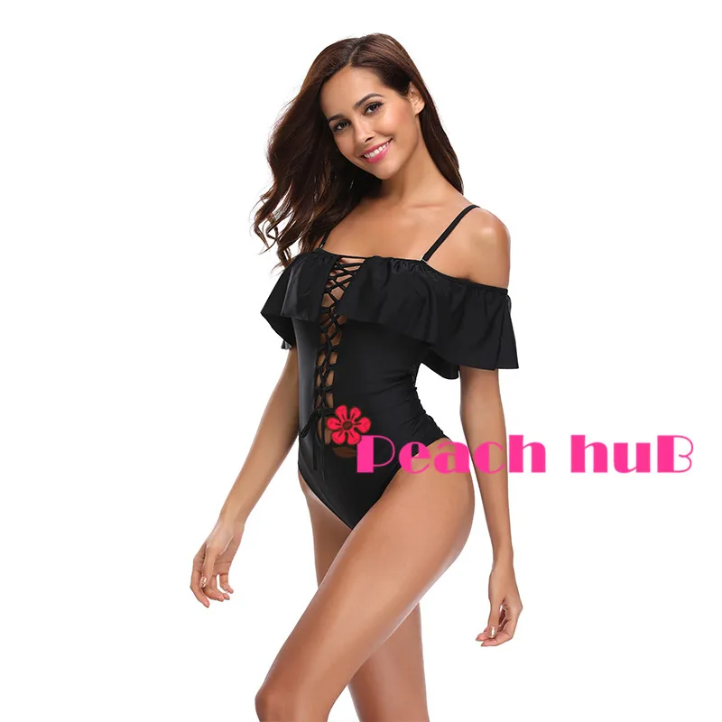 One Piece Swimwear Black Swimsuit Ruffle Sleeve Off Shouder Push Up Women Trikini Swim Suit Bandage | Спорт и развлечения