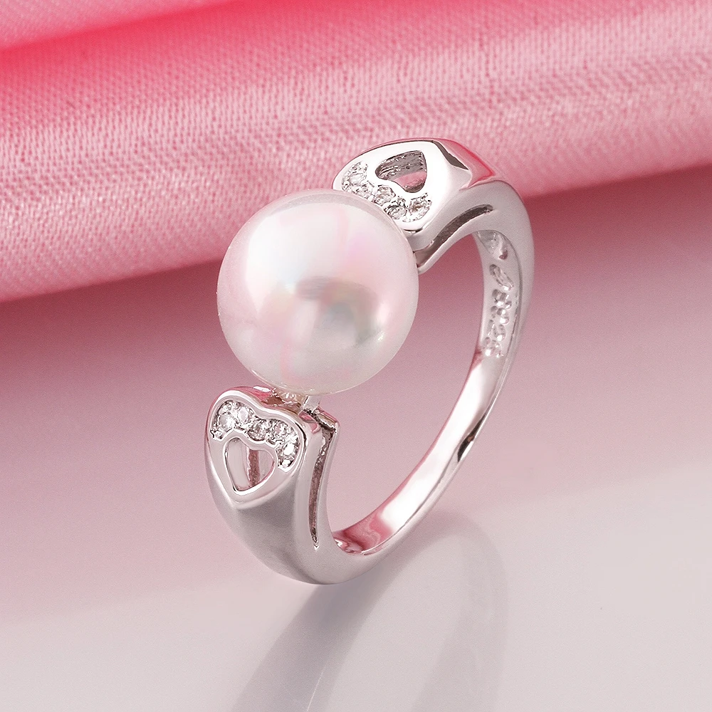 

Brand New Top Quality Elegant Imitation Multicolored Pearl Ring White Gold Color Austrian Crystal Heart Rings For Women