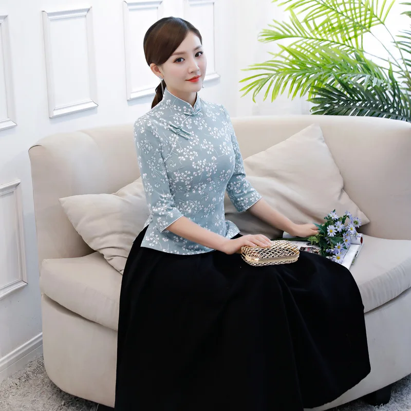Осенние Топы Cheongsam, повседневные традиционные китайские топы, весенне-летний костюм с рукавами три четверти, фиолетовые Топы