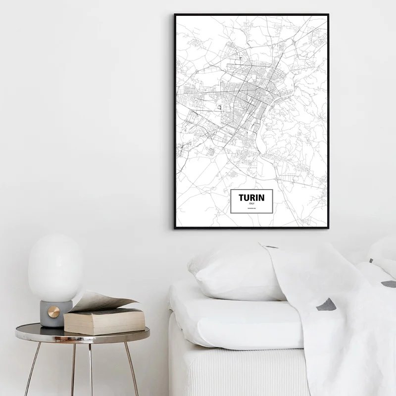 Turin Italy Black White Custom World City Map Poster Canvas Print Nordic Style Wall Art Home Decor | Дом и сад