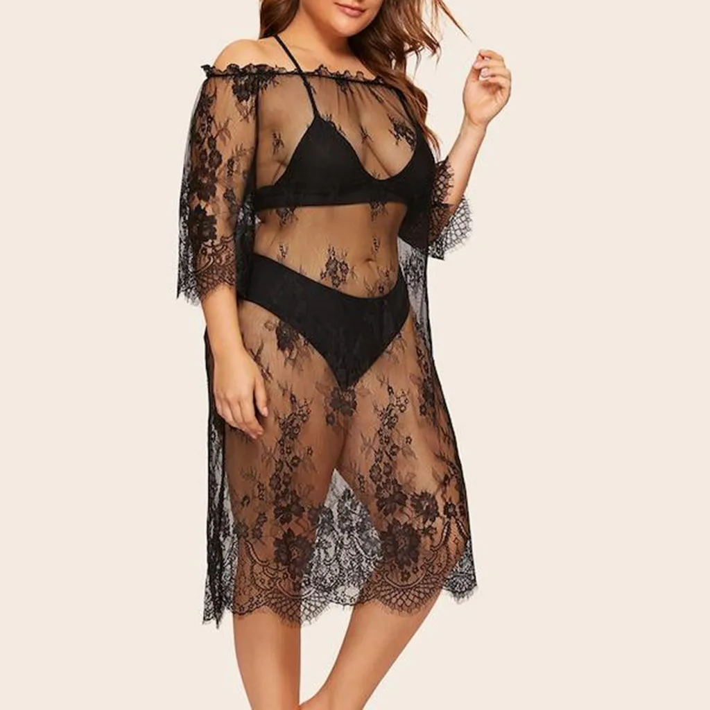 KANCOOLD Clothes Women Plus Size 5XL Print Lace Hollow Out Mesh Beach Dress Half Sleeve Long Coat Swimsuit Cover Ups Top Black