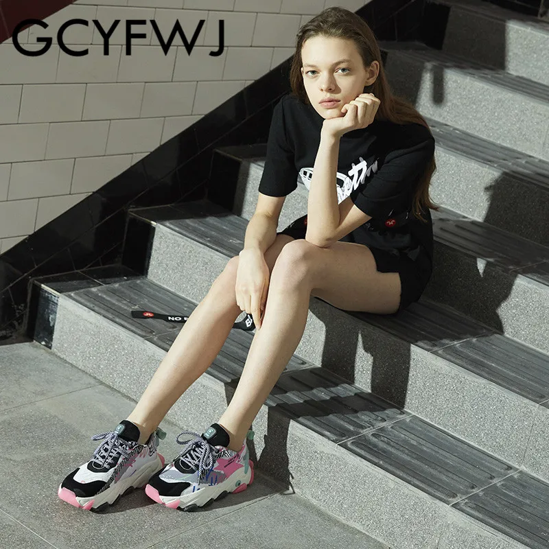 GCYFWJ/Новинка года; обувь для папы; женские кроссовки; модная разноцветная обувь на шнуровке с принтом; женская обувь на нескользящей резиновой подошве; обувь для увеличения роста