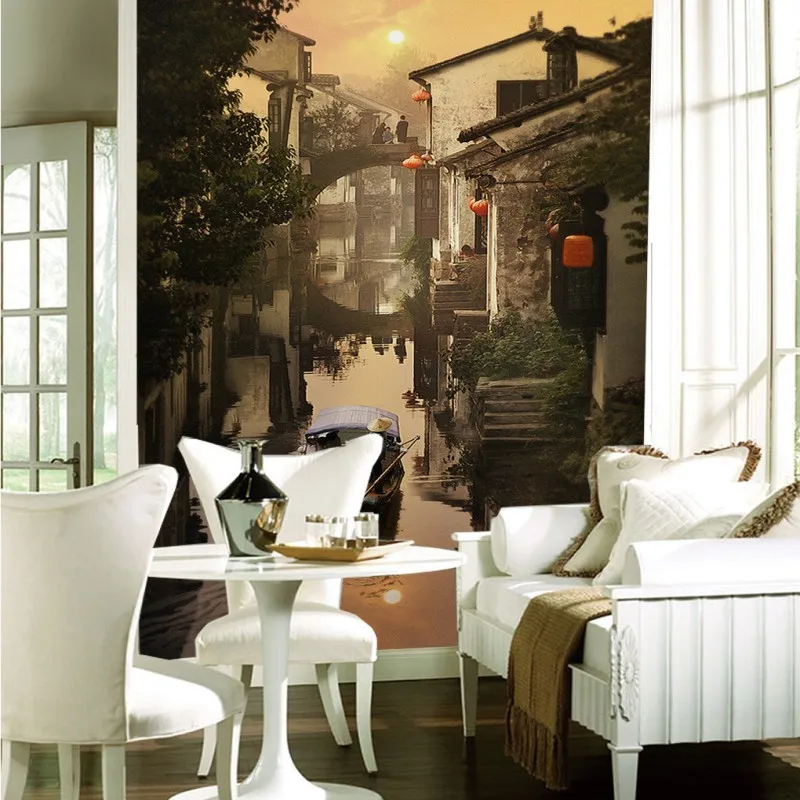 Фото обои на заказ в китайском стиле Эстетическая Фреска с мостом гостиная