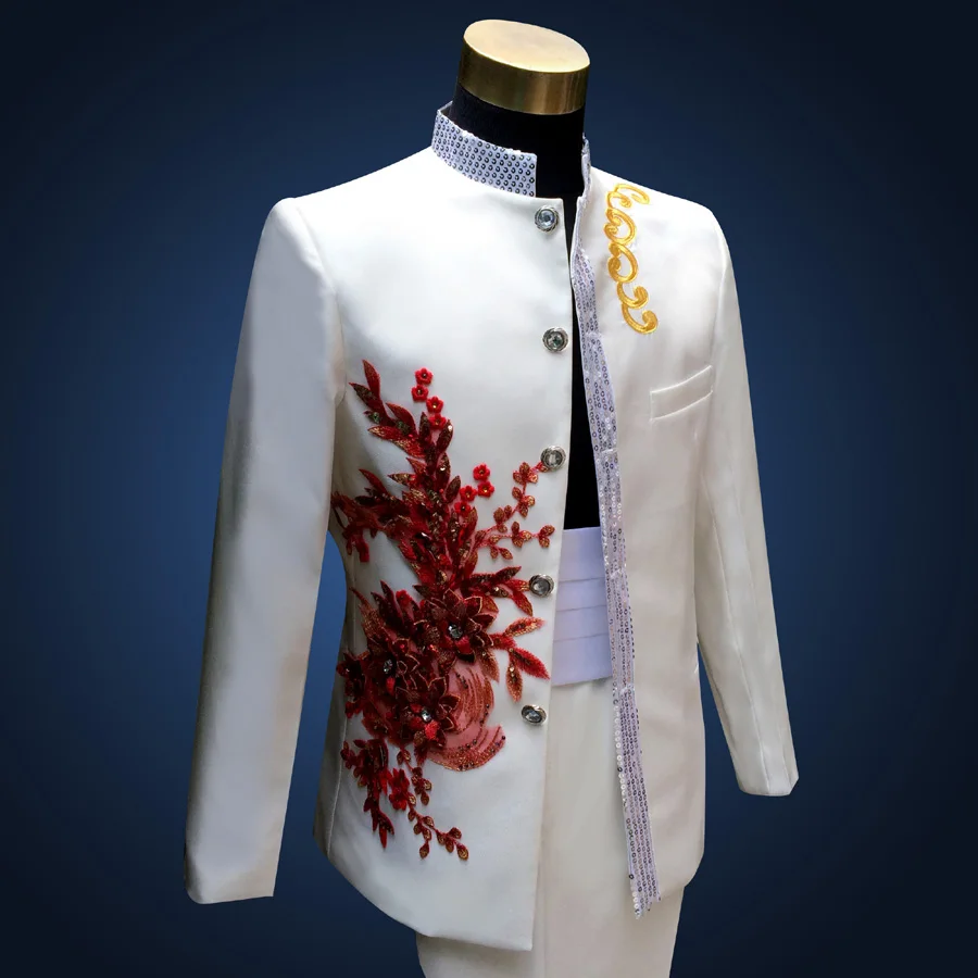 Модные мужские приталенные повседневные белые костюмы в китайском стиле