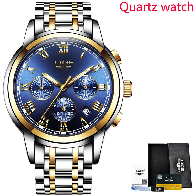 Steel gold blue LIGE мужские часы Топ бренд класса люкс бизнес школьник автоматические механические часы спортивные водонепроницаемые мужские часы Военные мужские часы - Цвет: Steel gold blue