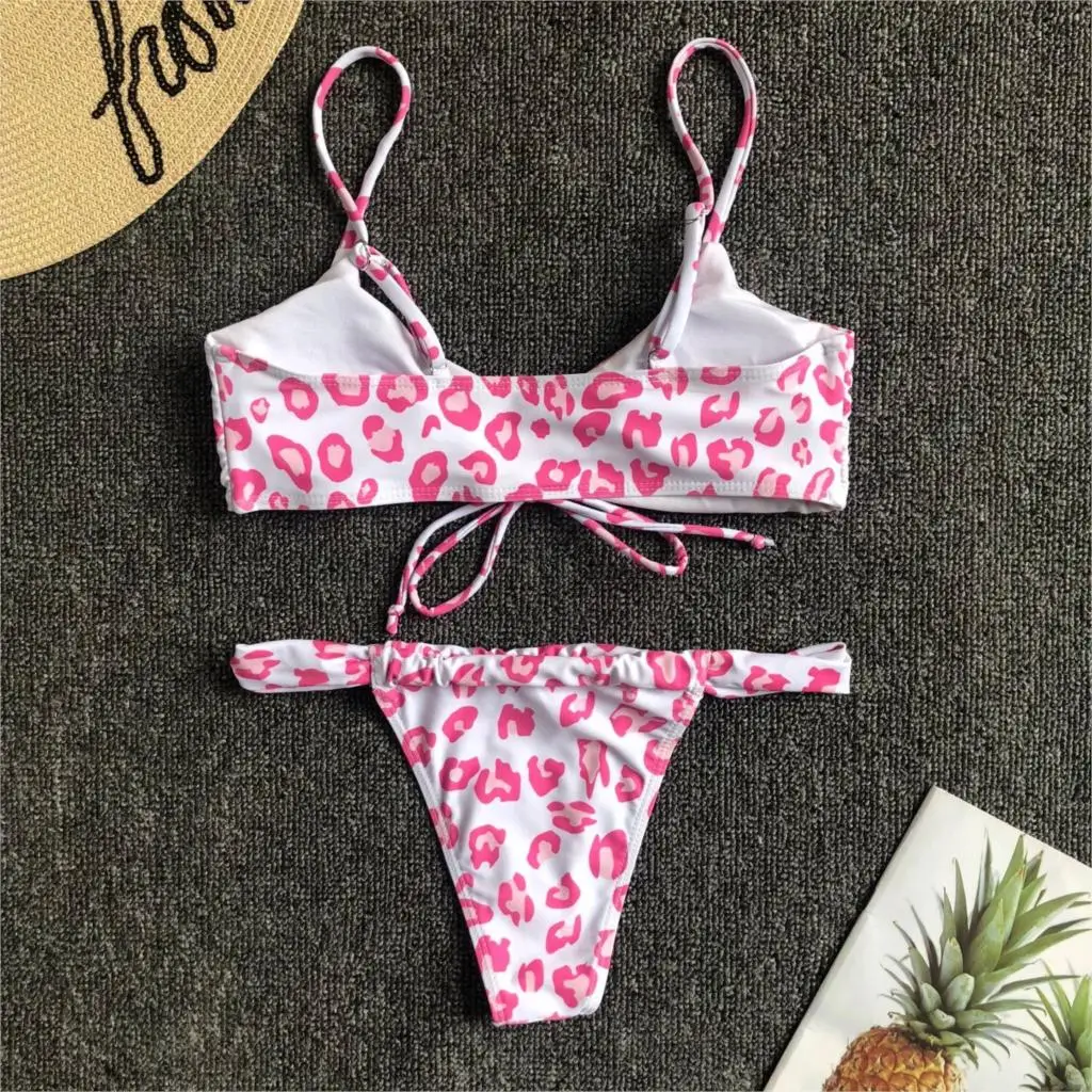 Bikini 2019 Maillot De Bain Women's Split Swimwear Personality Drawstring Pink Leopard Print Swimsuit |