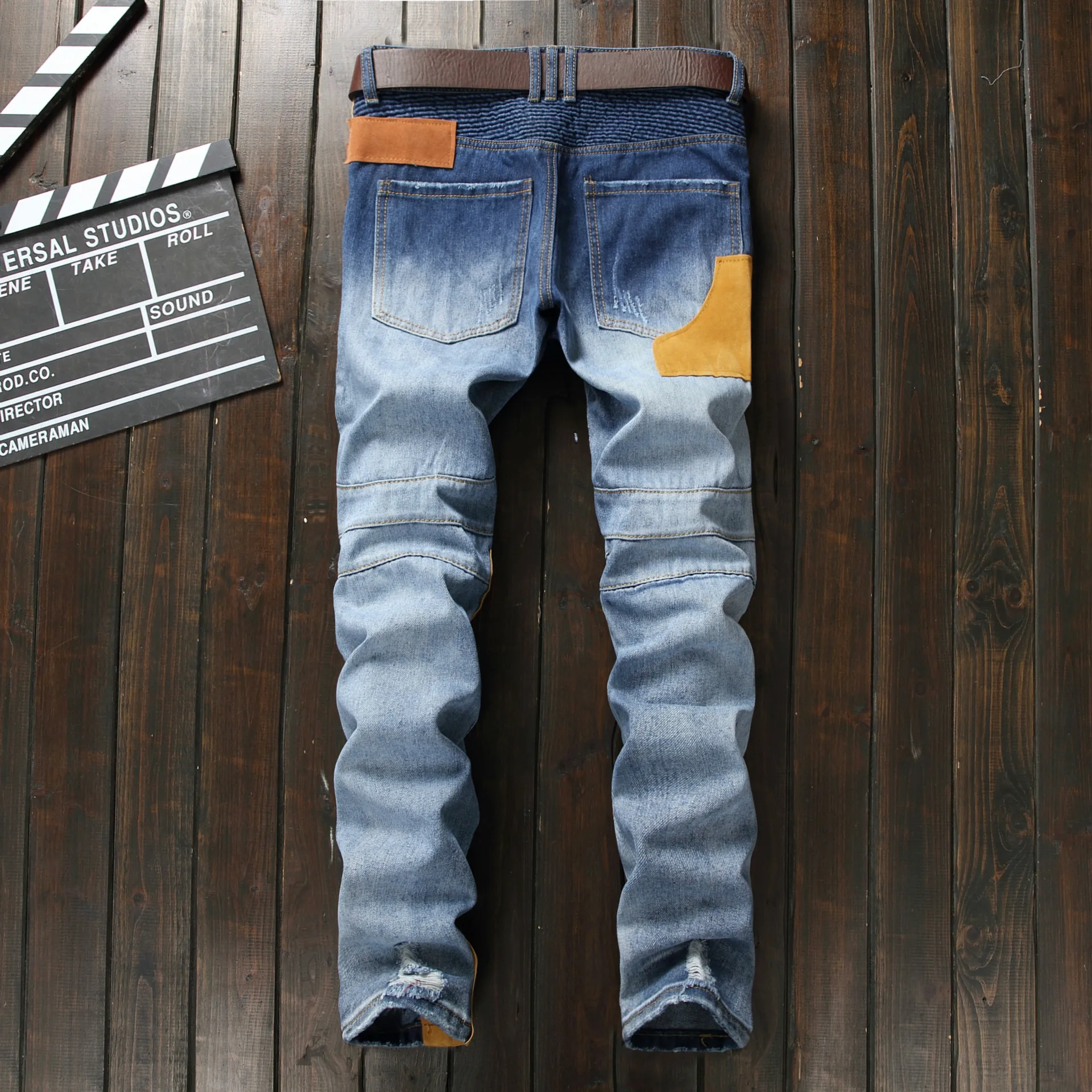 QMGOOD Men's Jeans Patch Stitching Ripped Denim Hip Hop Male Straight Slim Beggar Hole Silm Pants Men Fashion | Мужская одежда