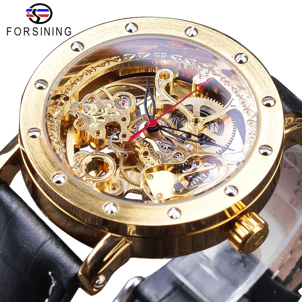 Forsining 2018 Fashion Luxury Golden Watches Black Genuine Leather Band Openwork Clock Men's Automatic Watches Top Brand Luxury