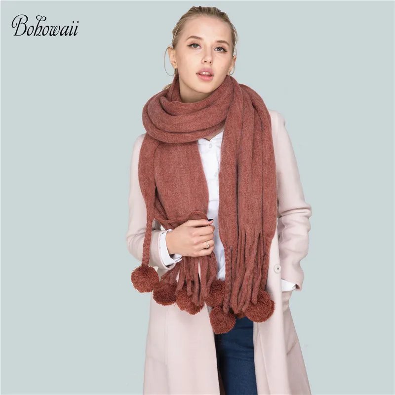 

BOHOWAII 2018 Winter Warm Women Scarf Soft Oversized Echarpe Hiver Femme Fashion Pom Pom Scarves