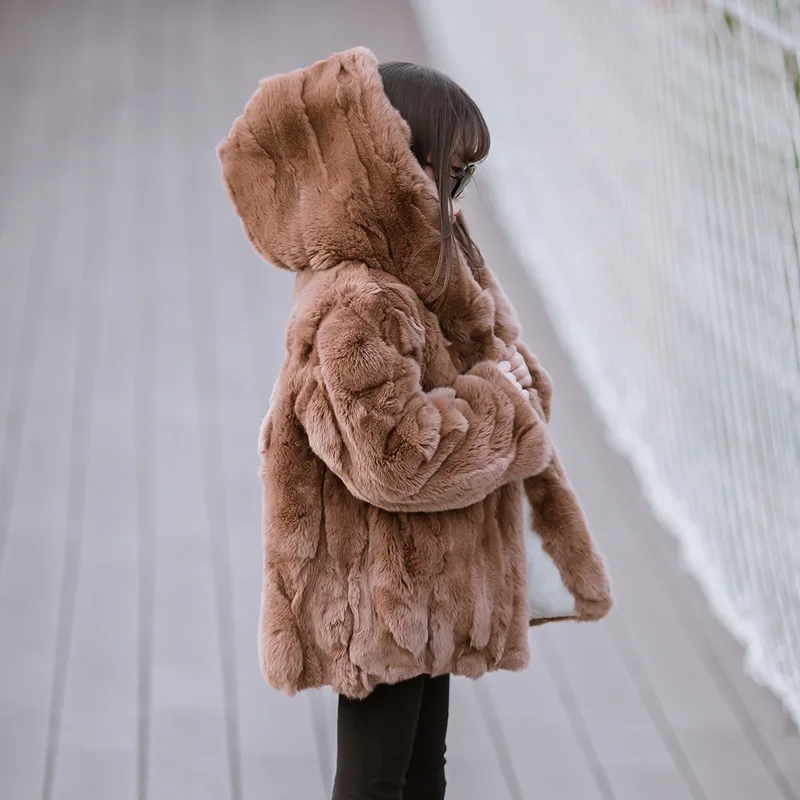 Шуба из 2018 натурального кроличьего меха Рекс шуба для девочек бордового цвета