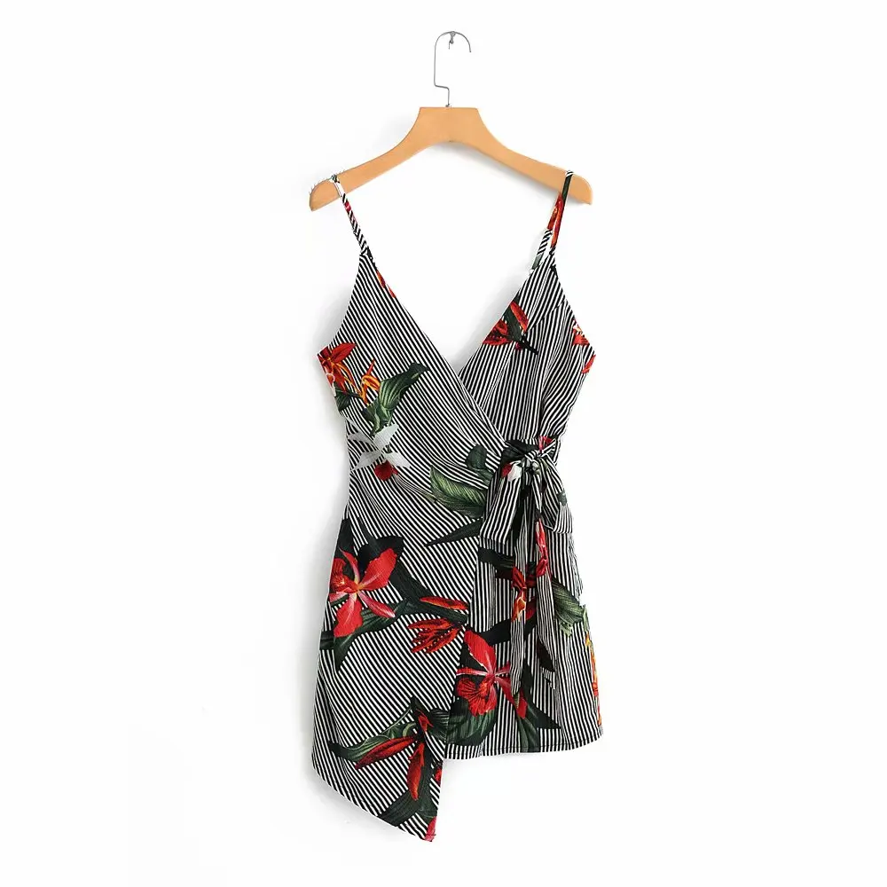 as pic DS1872JJ Новые женские модные платья с v-образным вырезом и цветочным принтом в полоску, асимметричное платье на бретельках, элегантные женские мини платья на шнуровке DS1872 - Цвет: as pic DS1872JJ