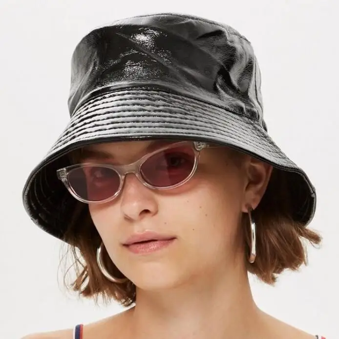 MinanSer Women's Solid Color Black Shining PU Bucket Hats Women Harajuku Cap Men's Hat Sunhat | Аксессуары для одежды