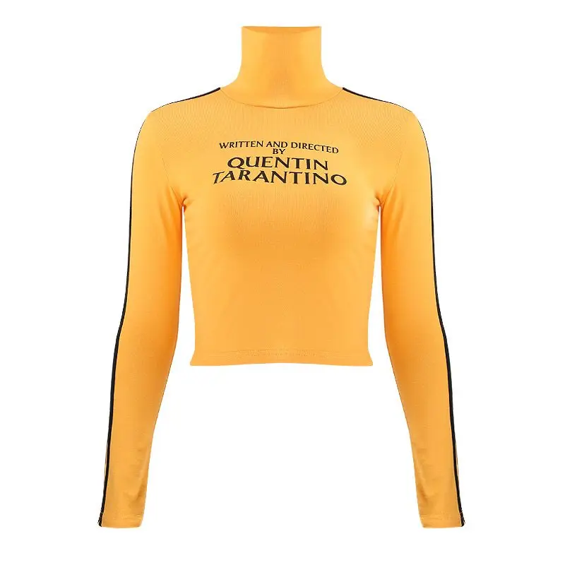 Streetwear T Shirt Long Sleeve Women Yellow Turtleneck Harajuku Tshirt Letter Stripe Hipster Summer Fitness Casual Crop Top Girl | Женская