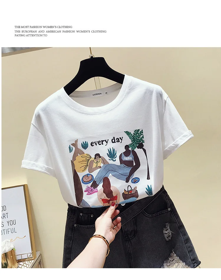 Женская футболка с коротким рукавом Корейская свободная круглым вырезом и