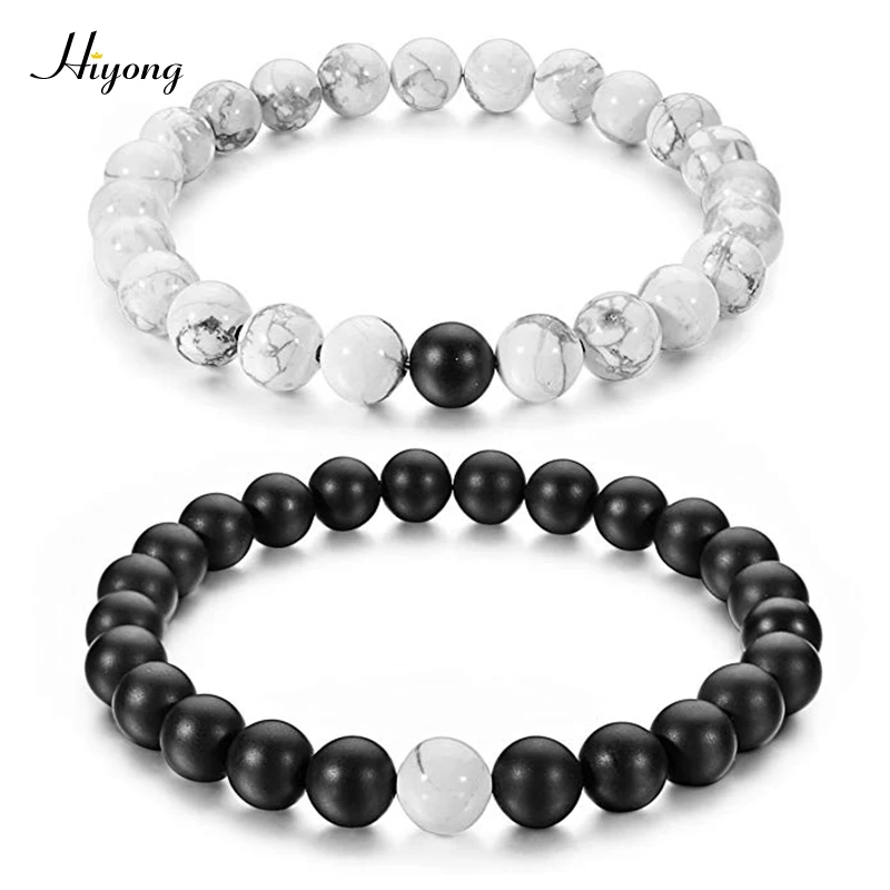 HIYONG 2 шт./компл. пары расстояние браслеты черный матовый и Белый Howlite 8 мм бусины