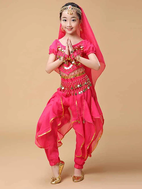 Hot Pink 5 Piece Новые детские танцевальные костюмы ручной работы для танца живота для девочек Болливуд индийская одежда для танца 8 цветов - Цвет: Hot Pink 5 Piece
