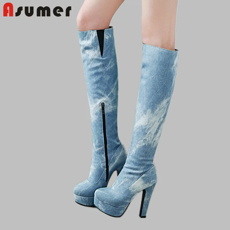 Женские джинсовые сапоги на молнии asumer синие до колена высоком каблуке платформе