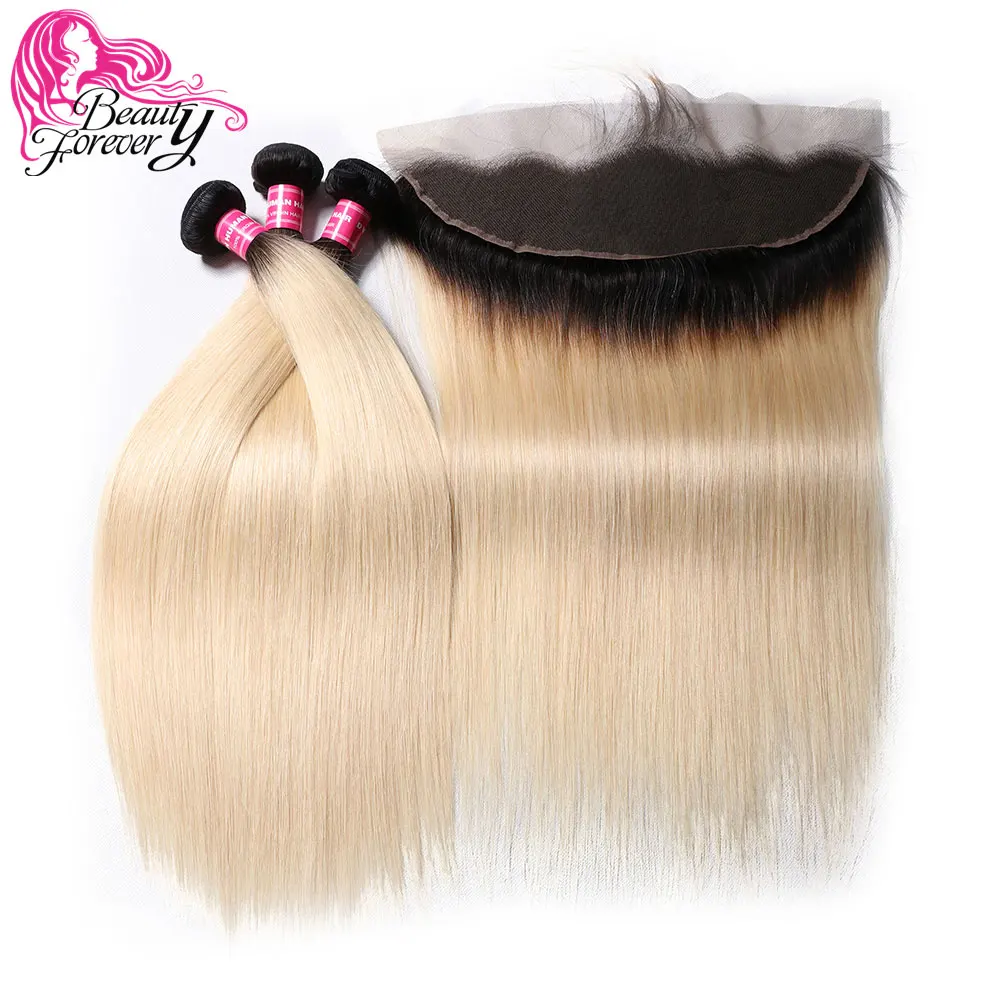 Beauty forever 13*4 кружева фронтальной прямые бразильские косички пучки волос с закрытием часть Remy человеческие волосы T1B/613