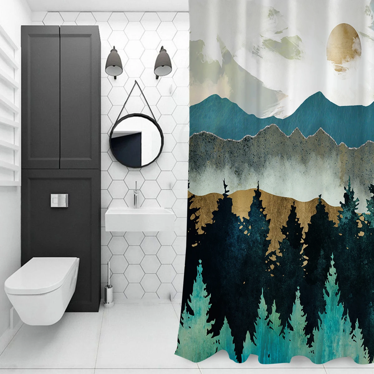 BIGHOUSES Shower Curtain Forest Mist Fabric Shower Curtain with 12 Hooks
