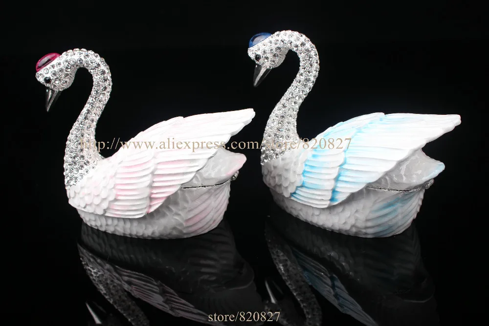 Czech Crystal Swan Handmade Inspired Trinket Box Handcrafted Enamel Bird Figurine Ring Box Wedding Swan Gifts