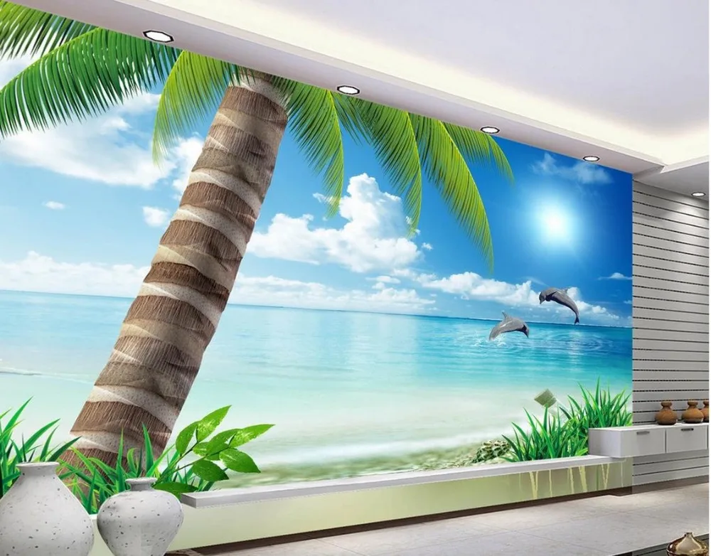 Фото Фотообои с фотографией пейзаж пальмовым пляжем TV фрески 3d Роспись дизайн Фотообои с фотографией пейзаж пальмовым пляжем TV фрески 3d Роспись дизайн
