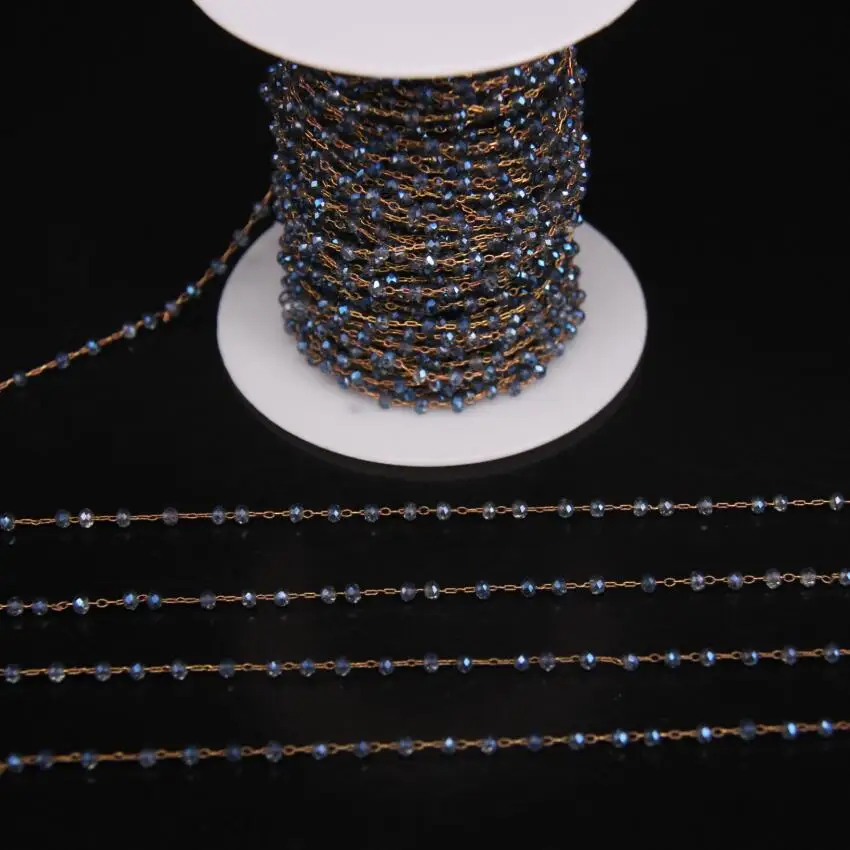 

2x3mm,Grey Blue Glass Crystal Bead Rosary Chain,Faceted Rondelle Link Copper Brass Wire Wrapped Chain,DIY Women Necklace Crafts