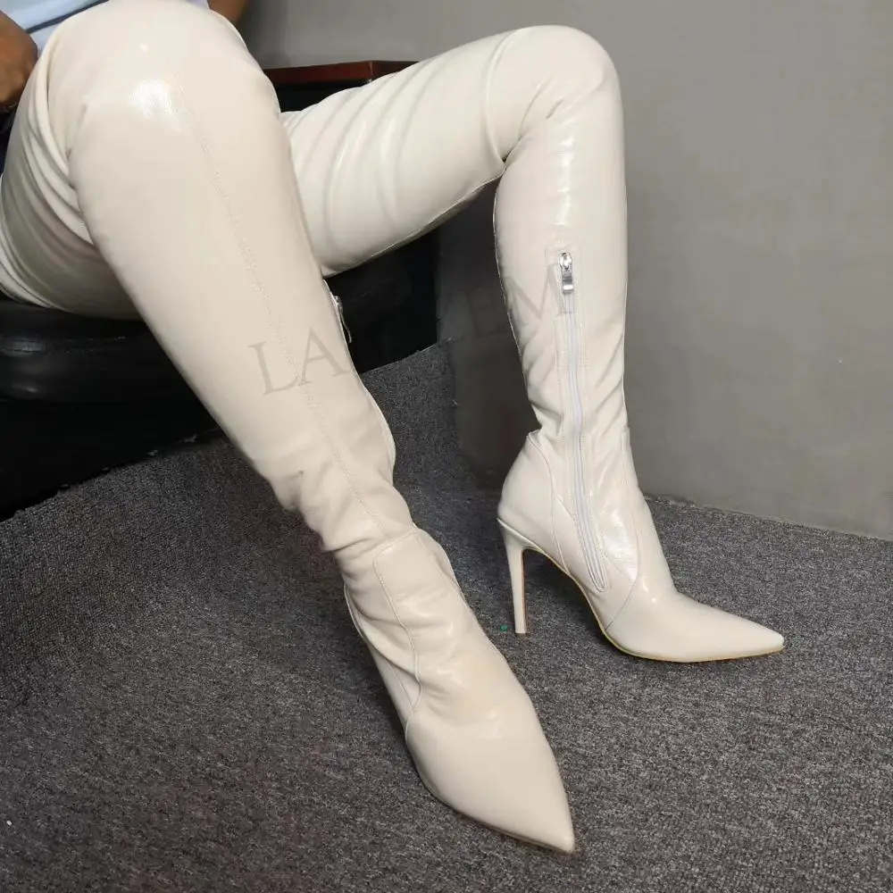 

LAIGZEM Women Boots Thigh High Boots Pointed Toe High Heels Elastic Waterproof Ladies Shoes Botines Mujer Large Size 38 41 4247