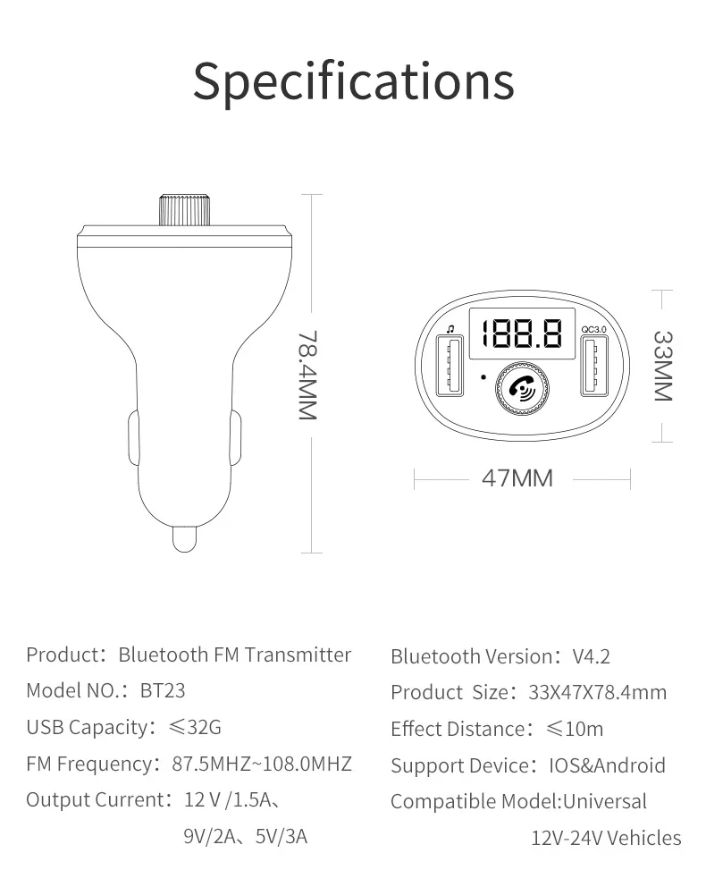 Автомобильное зарядное устройство с двумя USB для телефона в автомобильный комплект Bluetooth fm-передатчик модулятор аудио Музыка MP3 плеер QC3.0 быстрое автомобильное зарядное устройство для телефона