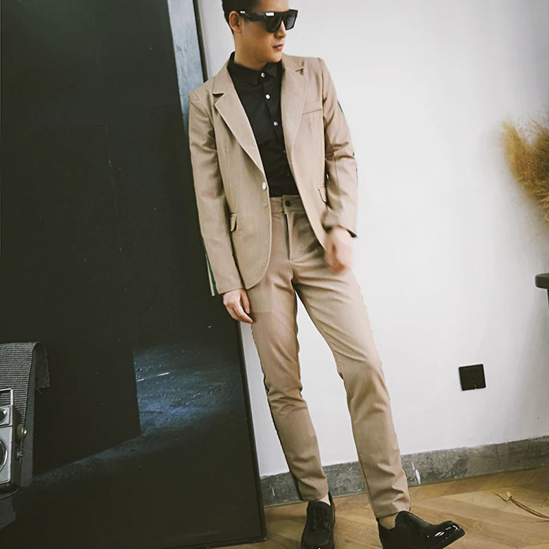 

M-6XL!Coffee color Slim green vertical pattern spring and summer suit suit England small suit Korean version of the self-cultiva